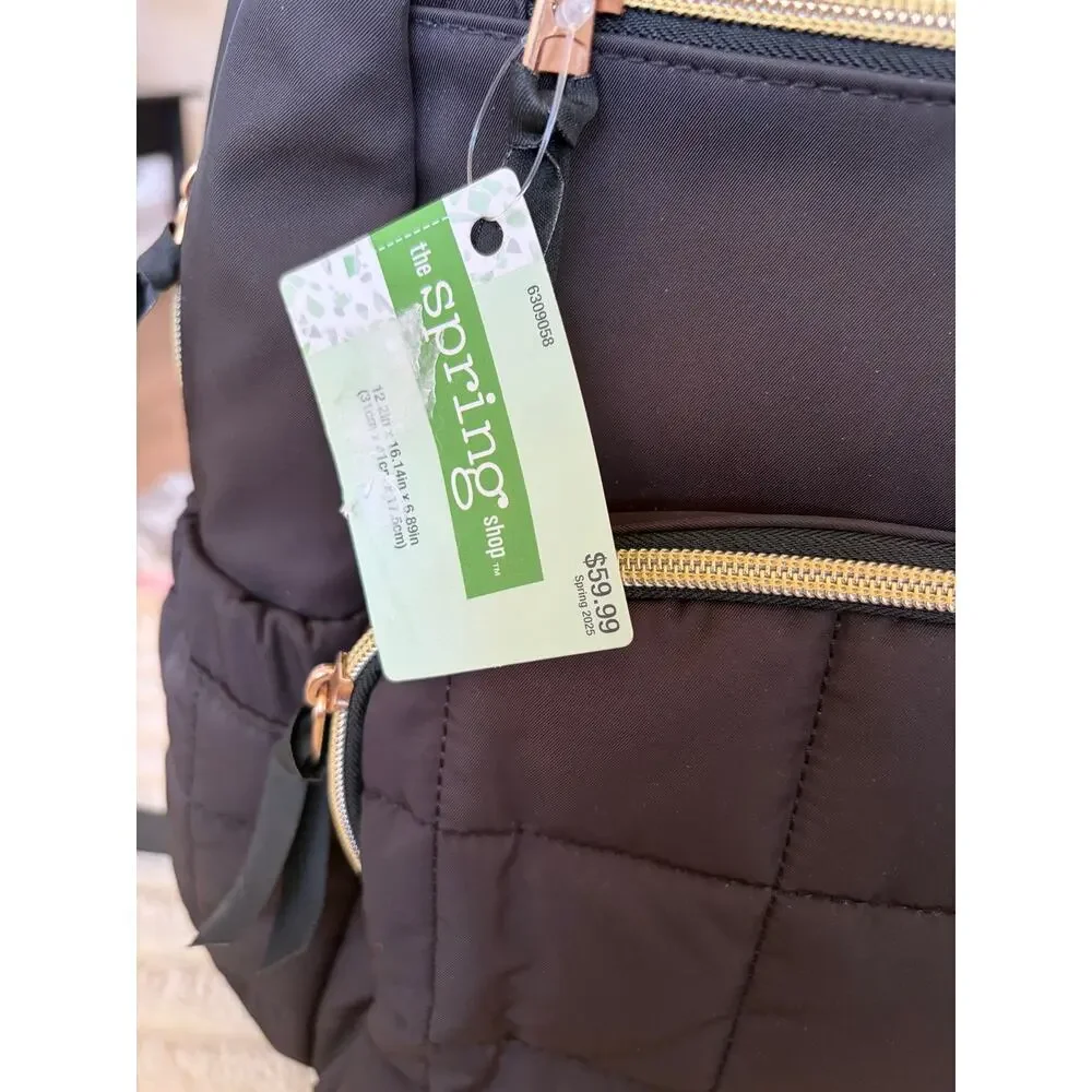 NWT Hobby Lobby The Spring Shop Black Quilted Backpack Gold Hardware Puffer Bag